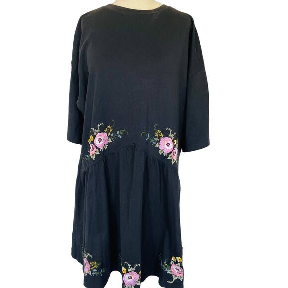 ASOS DESIGN Black Mini Smock Dress Floral Embroidery - Picture 2 of 9
